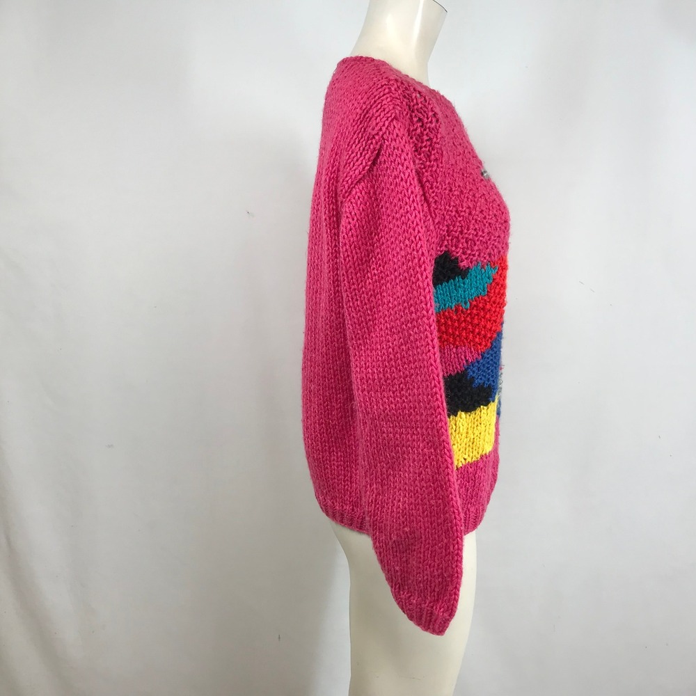 Jeff Laurent Vintage Hot Pink Abstract Geometric Chunky Knit Sweater Crew Neck - Picture 4 of 7